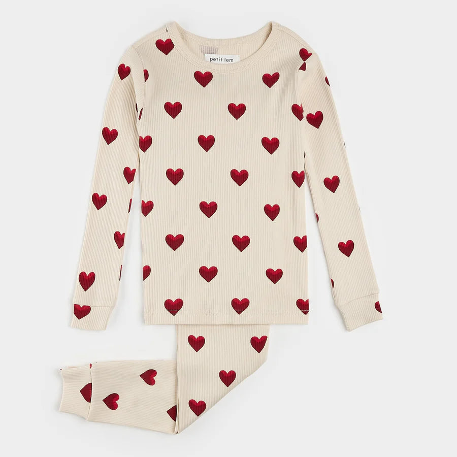 Petitlem I Heart Print on Ribbed PJ Set