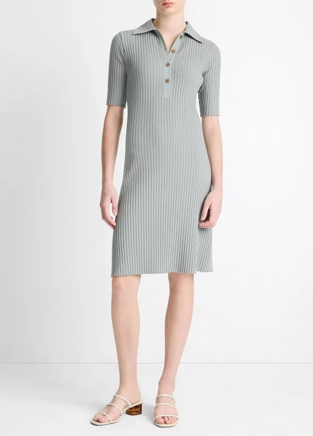 Vince I Cotton Blend Elbow Sleeve Polo Dress