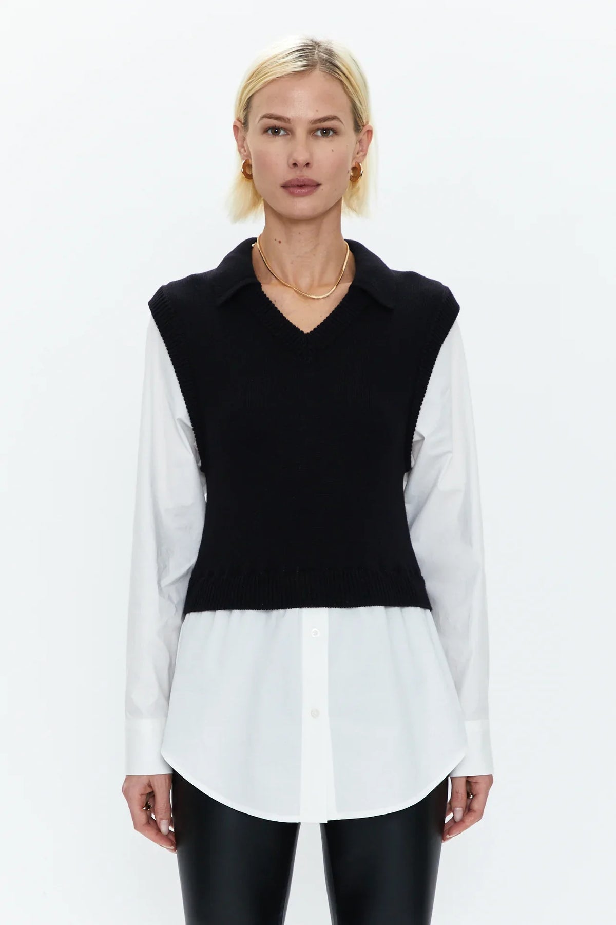 Sofia Layered Sweater Vest Blouse - Black